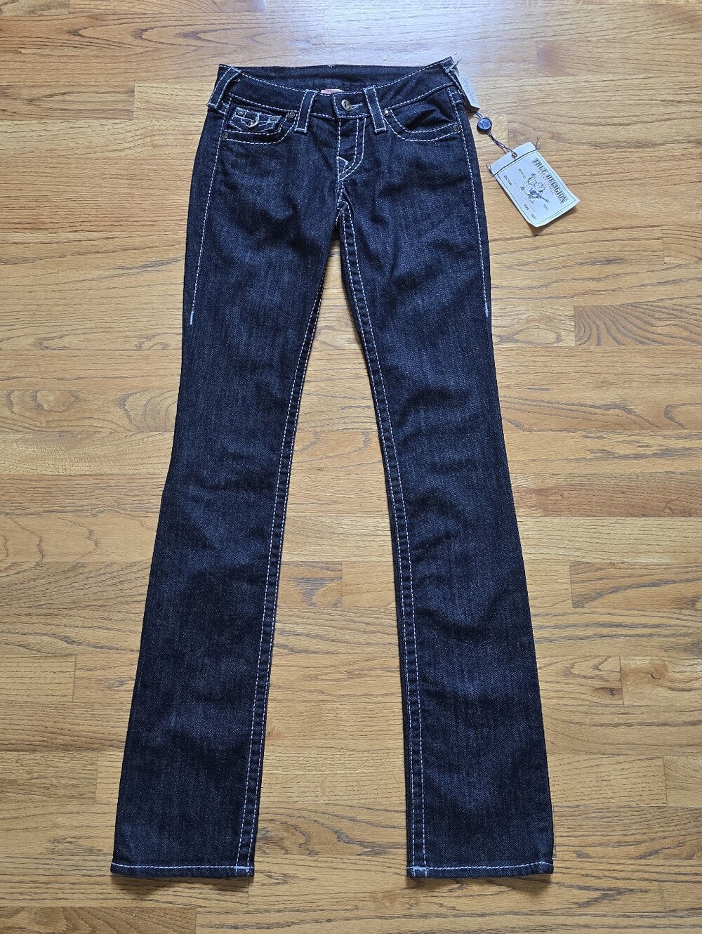 True Religion Women's Dark Indigo Straight Leg  Jeans Swarovski Accents Size 24